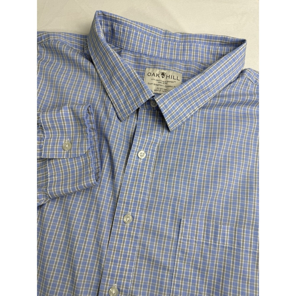 Oak Hill Dress Shirt Mens 22 37/38 Blue Plaid Easy Stretch Classic Fit